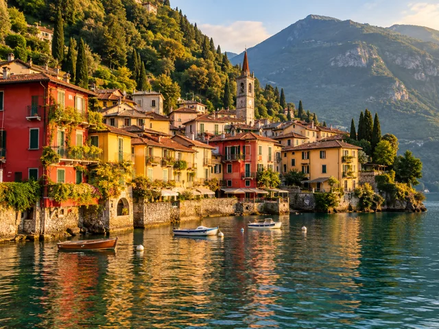 Bunte Häuser von Varenna am Ufer des Comer Sees