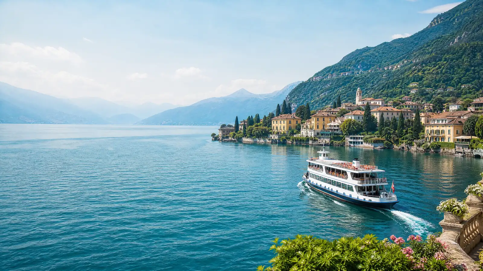 Fähre auf dem Comer See auf dem Weg zu den pastellfarbenen Villen von Bellagio